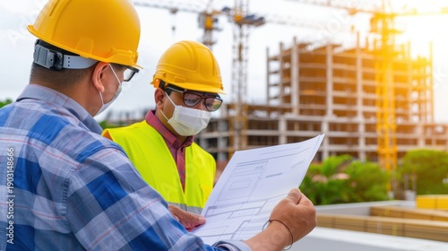 Wallpaper Mural Construction workers analyzing blueprints on building site with cranes in background during sunset, safety gear essential for workers Torontodigital.ca