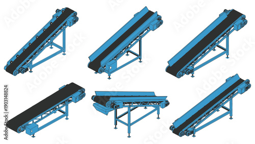 Blue industrial conveyor belt systems depicted in precise technical schematic illustrations.