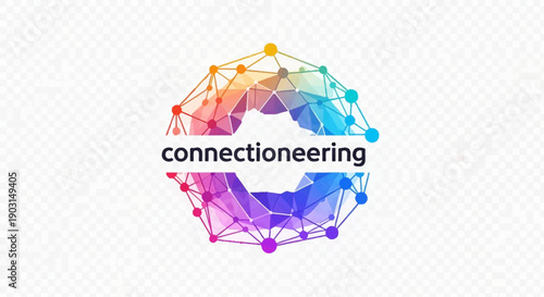 Colorful polygonal network with 'connectioneering' text symbolizing digital connectivity and