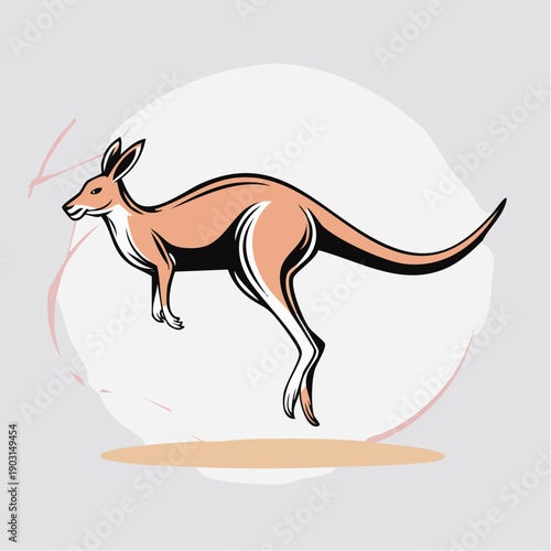 Stylized graphic illustration of a jumping kangaroo, a powerful symbol of Australia's unique wildlife, depicting dynamic energy and agility against a subtle artistic backdrop