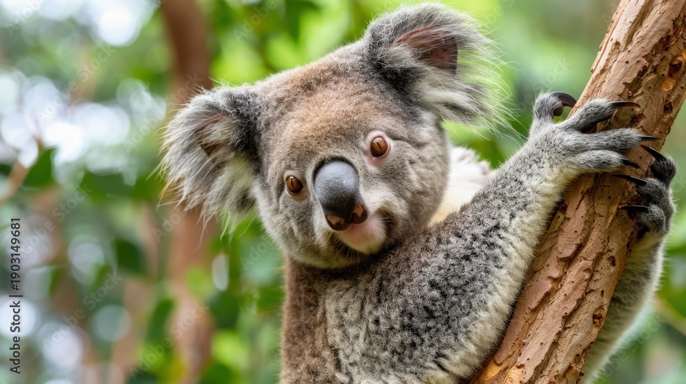 Fototapeta premium Close-Up of a Koala Clinging to a Tree Branch Surrounded by Lush Greenery in Australia