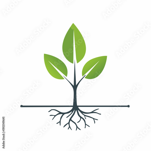 Green plant icon symbolizing growth, nature, and environmental health with visible roots and vibrant leaves, representing life and new beginnings for a sustainable future