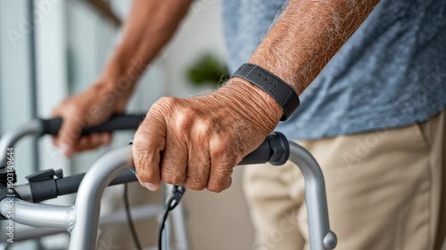 Healthcare for Seniors and Aging Tech concept ,Elderly hand gripping walker handle showing skin texture veins with fitness