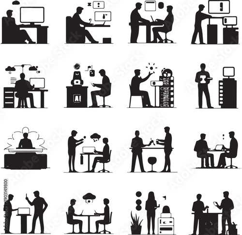 Black silhouettes of people working in office  various business activities