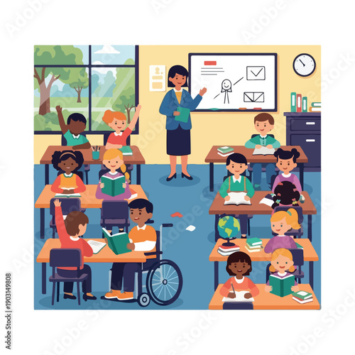 Diverse classroom setting with teacher instructing students of various backgrounds and abilities, fostering an inclusive and educational environment