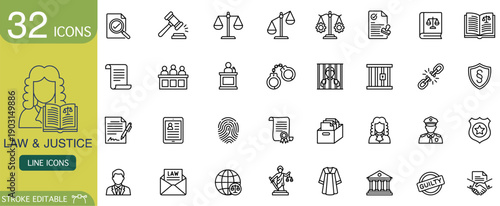 Collection containing law and justice line icon set featuring court symbol, judge, police and legal elements. Simple outline style for web design represents authority with professional stroke