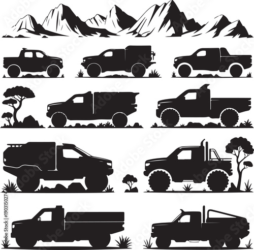 black silhouettes of various pickup trucks and mountain ranges with trees and plants