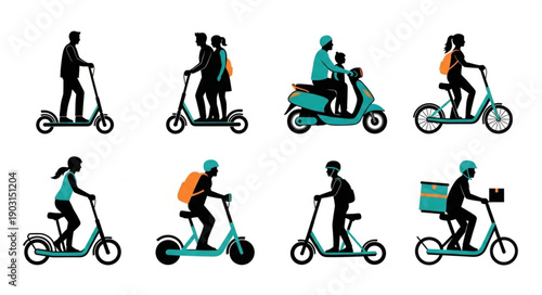 Collection of diverse people riding electric scooters and mopeds.