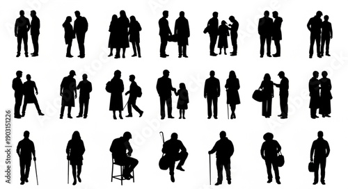 Collection of diverse people silhouettes in various poses and interactions.