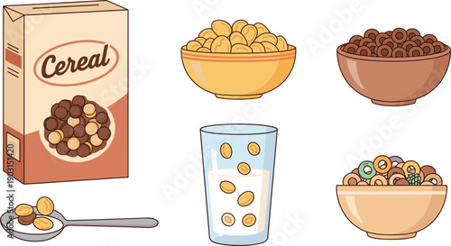 Breakfast Cereal and Milk Collection Isolated on White Background Flat Vector Illustration