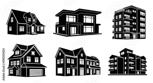 Collection of diverse residential and commercial building illustrations.