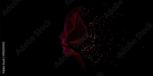 Artificial Intelligence, abstract artistic human head portrait made of dotted particles array, vector software digital visual interface. Digital soul, spirit of technological time