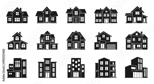 Collection of Diverse Residential and Commercial Building Silhouettes.