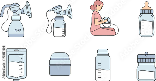Breastfeeding and Baby Feeding Supplies Collection Isolated on White Background Flat Vector Illustration
