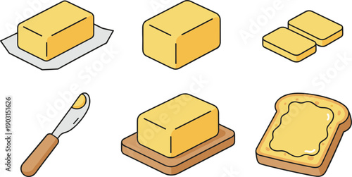 Butter Blocks and Spread on Bread Set Isolated on White Background Flat Vector Illustration