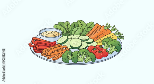 A delightful illustration of a vibrant vegetable platter with a creamy dip perfect for healthy