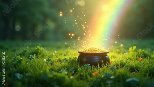 Pot of gold at end of rainbow, lush green field with shamrocks, soft glowing light, st. Patricks Day