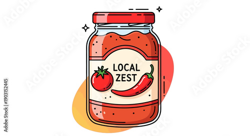 A vibrant vector illustration featuring a jar of local zest spicy tomato sauce with a chili and