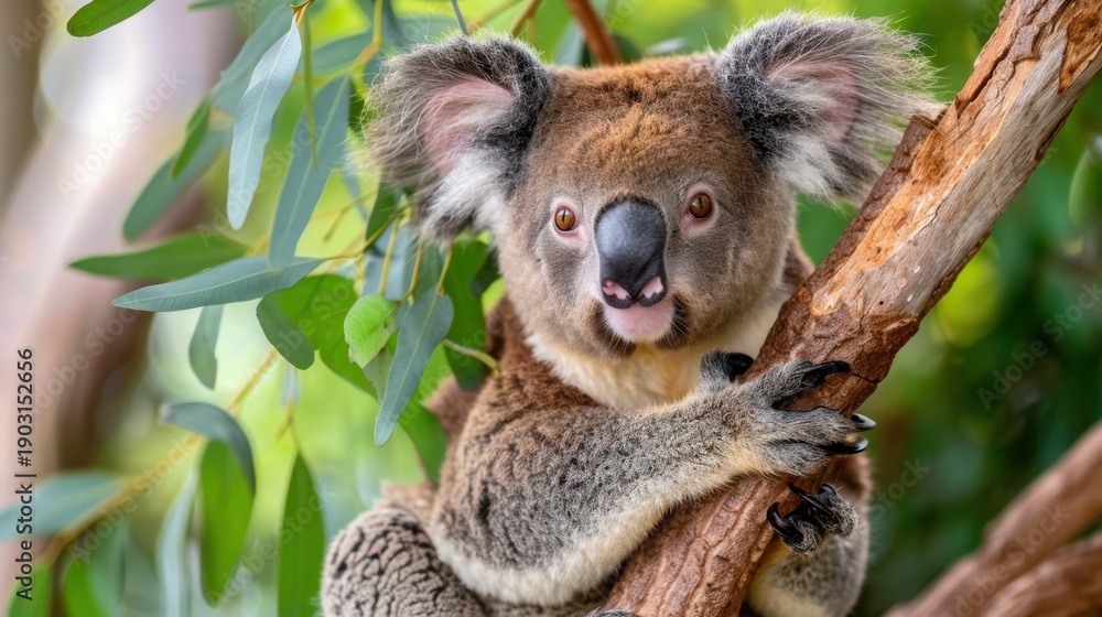 Fototapeta premium Adorable Koala Perched on Tree Branch Surrounded by Green Leaves in Natural Habitat