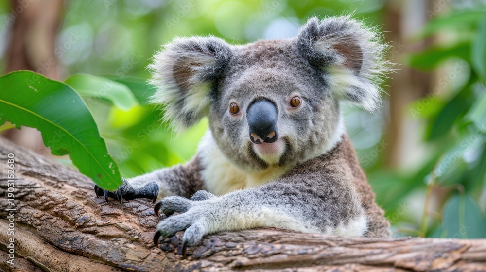 Obraz premium Close-Up of a Koala on a Branch Surrounded by Green Foliage in Its Natural Habitat