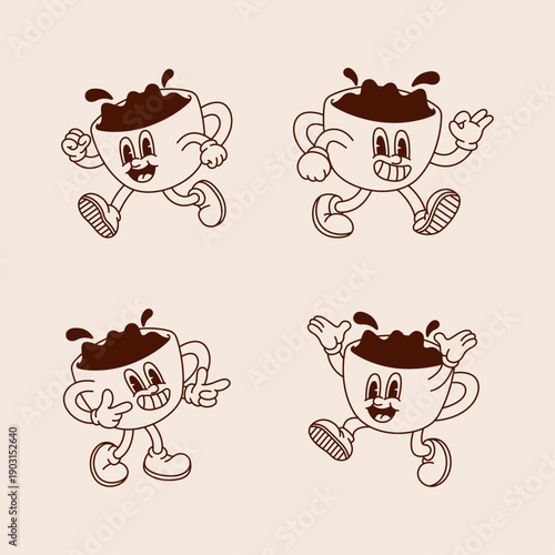 Set of four monochrome rubber hose coffee cup mascots in dynamic poses: running, OK sign, pointing, and jumping. Retro vintage character design.