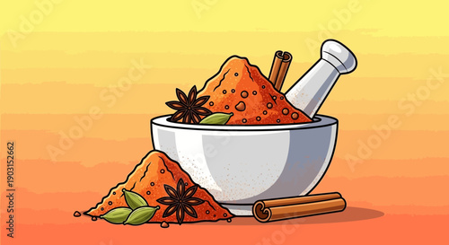 Traditional vibrant culinary spices with mortar and pestle for cooking and flavor enhancement