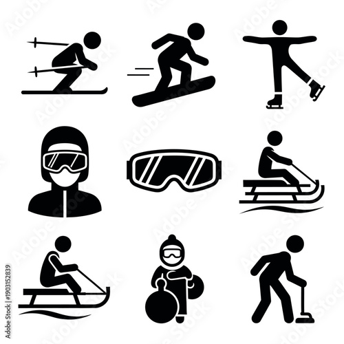 Vector graphics of various winter sports icons including curling, skiing, snowboarding, and ice sliding with goggles on a white background.