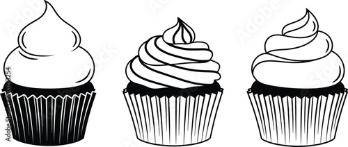 Set of three hand drawn minimalist cupcake line art illustrations with swirls of frosting and pleated paper liners isolated on white for bakery branding
