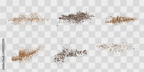 Flying coffee or chocolate powder, dust particles in motion, ground splash isolated on light background. Vector illustration