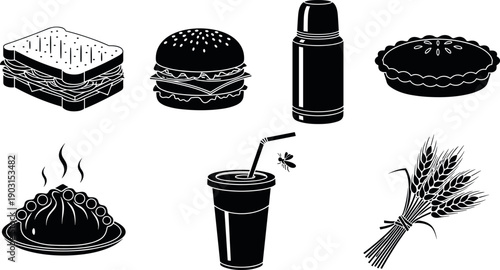 Black and white vector icon set featuring sandwich burger thermos pie dumpling soda cup with bee and wheat sheaf silhouettes.