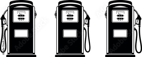 Black and White Vector Silhouette Illustration of Three Classic Vintage Gasoline Pumps on White Background