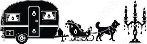 Mysterious Black Silhouette Illustration Featuring a Vintage Camper Trailer Connected to a Dog Sled with Candelabra and Teardrop Symbols on a White Background
