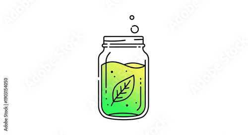 Vibrant line art illustration of a healthy green detox drink in a mason jar with a fresh leaf