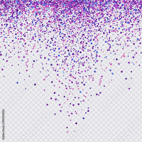 A cascade of vibrant purple and blue glitter confetti with delicate streamers falling onto a transparent background. 