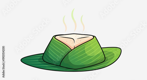 Delicious steaming traditional Asian delicacy wrapped in vibrant green banana leaves vector art
