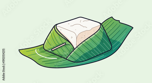 Traditional Asian white rice cake or dessert wrapped in fresh green banana leaf illustration