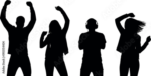 Group of young people silhouettes dancing and listening to music with headphones at party isolated on white background vector illustration