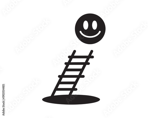 Smiling Face Above Unstable Ladder on White Background
