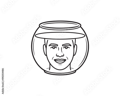 Man Head Inside Fishbowl Isolated on White Background