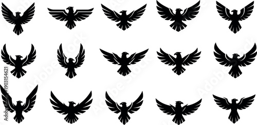 Set of stylized black eagle silhouettes with spread wings for heraldry logos, military insignias, and powerful mascot branding vectors.