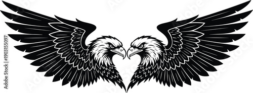 Powerful black and white bald eagle vector illustration with fanned wings and intense gaze isolated on white for patriotic, wildlife, and mascot designs.