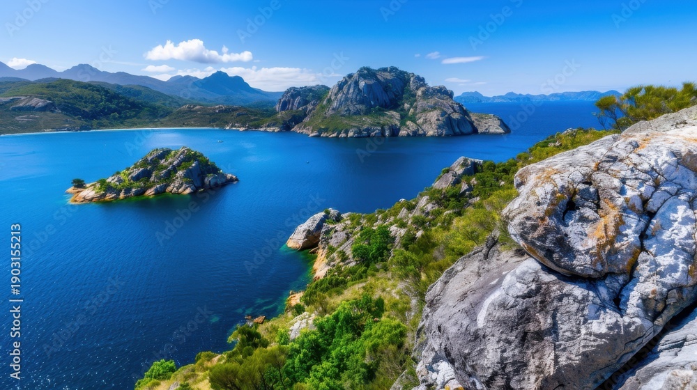 Obraz premium Serene Coastal Landscape with Rocky Cliffs and Vibrant Blue Waters Under a Clear Sky