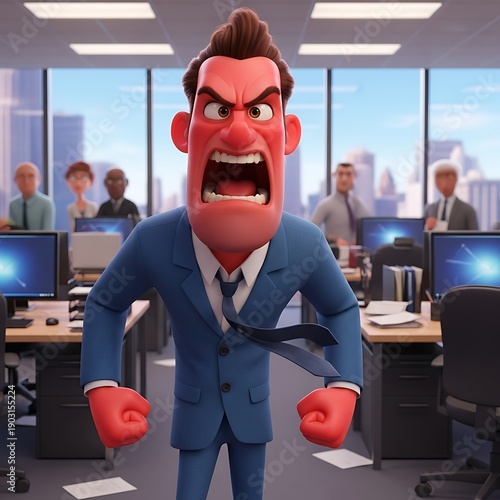 Angry cartoon businessman in office setting.