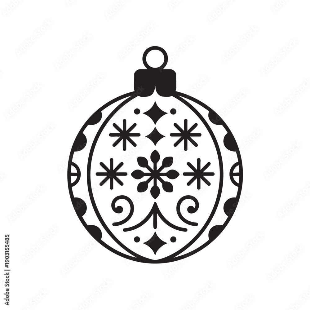 Fototapeta premium Black Christmas Ornament with Snowflakes on White Background