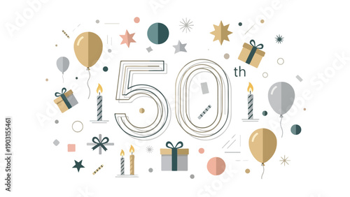 Elegant 50th Anniversary Celebration Vector with Balloons Gifts and Candles