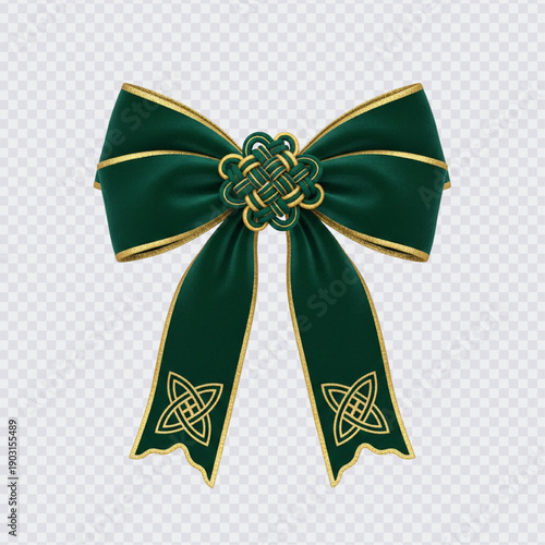 An elegant, realistic 3D rendered emerald green velvet ribbon bow with gold trim and Celtic knot pattern details.