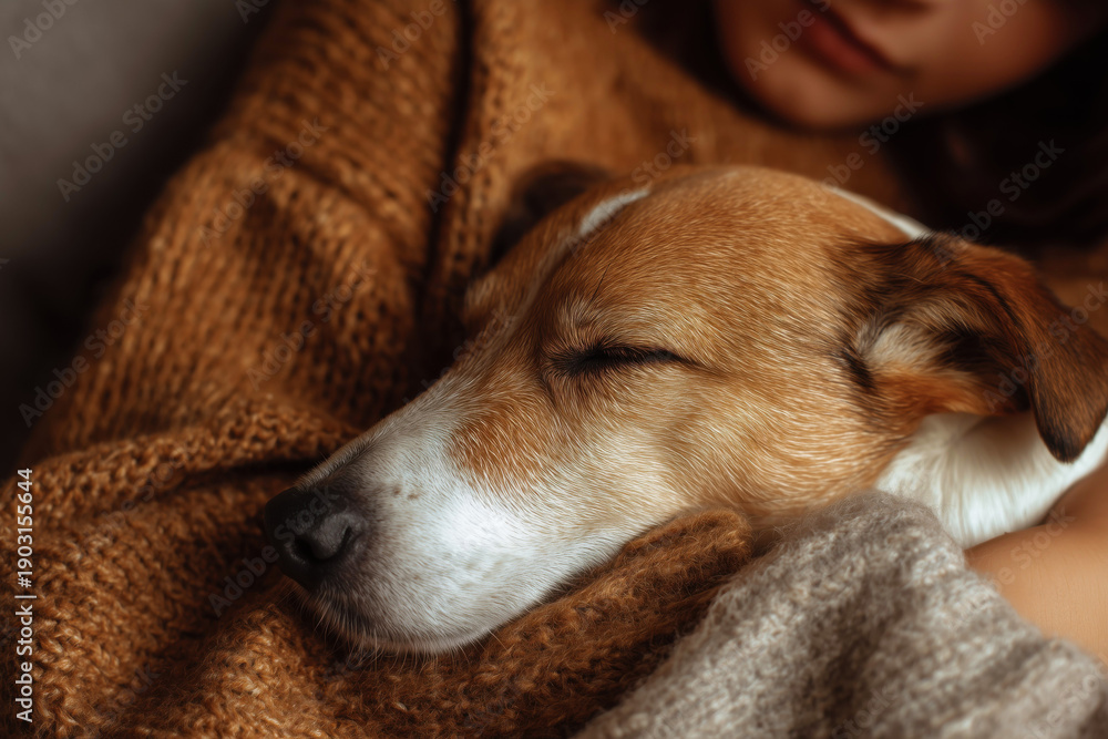 Obraz premium Cozy Dog Relaxing in Arms of Person on a Soft Blanket
