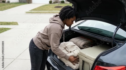 Young woman packing a white duffel bag into the trunk of a car parked on a suburban driveway during the day