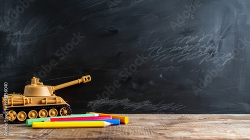 Wallpaper Mural Toy tank beside colorful crayons on wooden table with blank chalkboard background for educational or creative concepts Torontodigital.ca