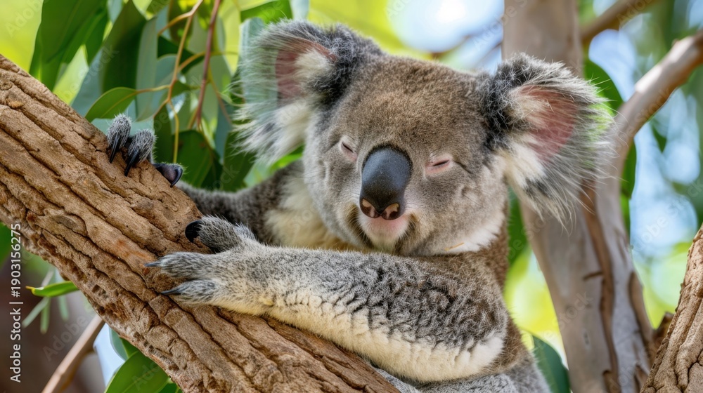 Fototapeta premium Cute koala resting on a tree branch surrounded by green leaves in a sunny forest habitat creating a peaceful atmosphere